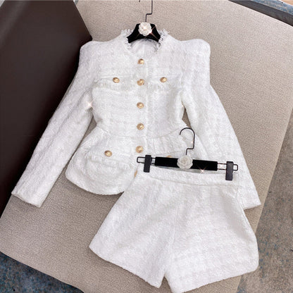 jinran High Quality 2022 Spring New Tweed 2 Two-Piece Set Sexy O-Neck Long Sleeve Single Breasted Jacket And Pants Club Party Set