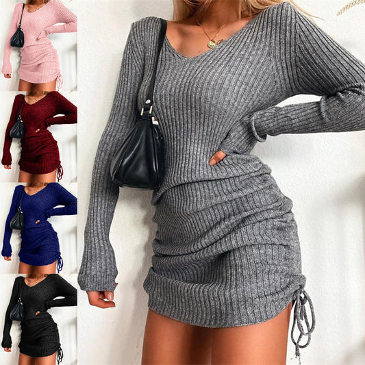 jinran Women&#39;s Dress Knitted Drawstring Sexy Mini Dress Autumn Winter Elegant Fashion V-Neck Long Sleeve Bodycon Party Dresses Female