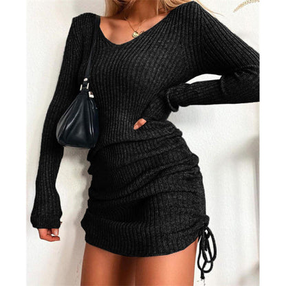 jinran Women&#39;s Dress Knitted Drawstring Sexy Mini Dress Autumn Winter Elegant Fashion V-Neck Long Sleeve Bodycon Party Dresses Female