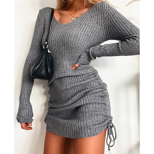 jinran Women&#39;s Dress Knitted Drawstring Sexy Mini Dress Autumn Winter Elegant Fashion V-Neck Long Sleeve Bodycon Party Dresses Female