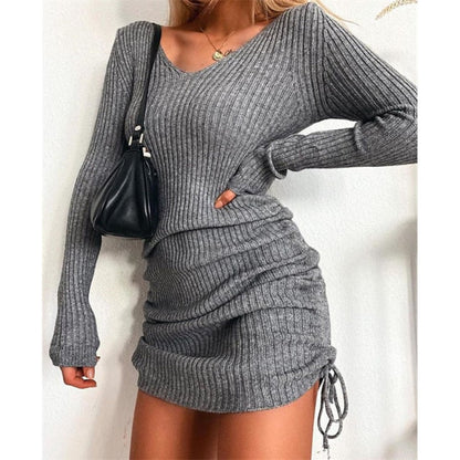 jinran Women&#39;s Dress Knitted Drawstring Sexy Mini Dress Autumn Winter Elegant Fashion V-Neck Long Sleeve Bodycon Party Dresses Female