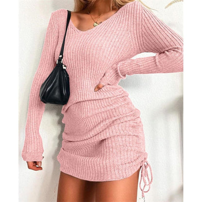 jinran Women&#39;s Dress Knitted Drawstring Sexy Mini Dress Autumn Winter Elegant Fashion V-Neck Long Sleeve Bodycon Party Dresses Female