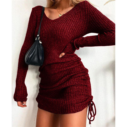 jinran Women&#39;s Dress Knitted Drawstring Sexy Mini Dress Autumn Winter Elegant Fashion V-Neck Long Sleeve Bodycon Party Dresses Female