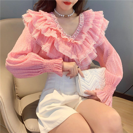 jinran Spring Fall Korean Style Blouse Fashion Sexy Beading Patchwork Lace Ruffles Women Tops Ropa Mujer Flare Sleeve Shirt New