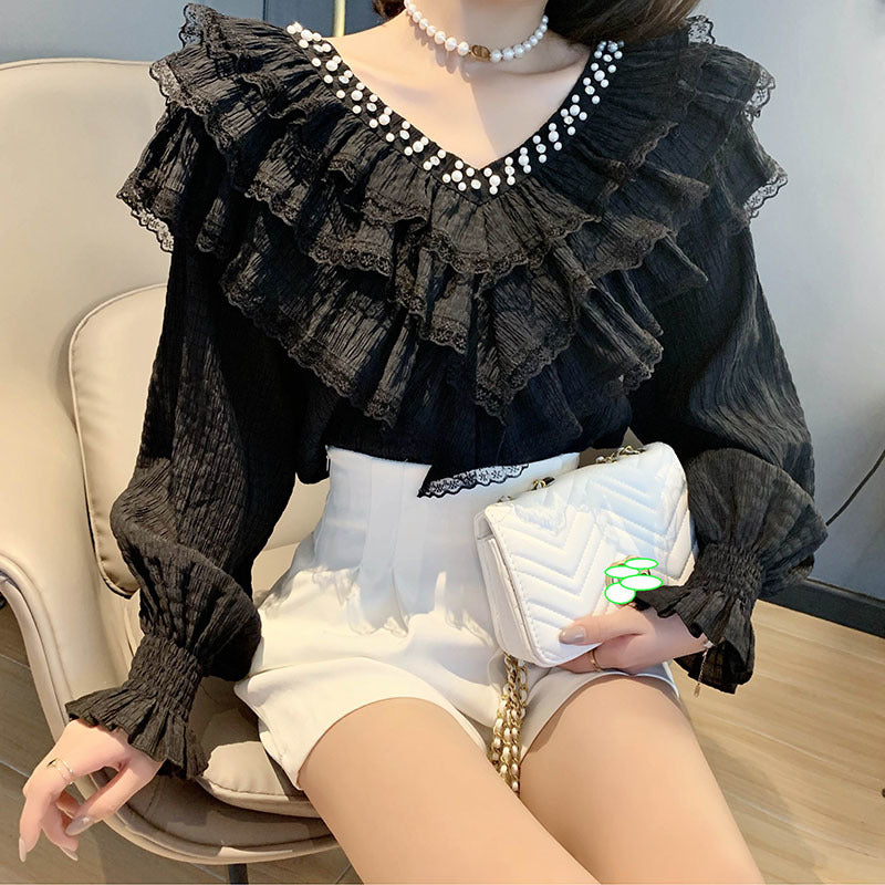 jinran Spring Fall Korean Style Blouse Fashion Sexy Beading Patchwork Lace Ruffles Women Tops Ropa Mujer Flare Sleeve Shirt New