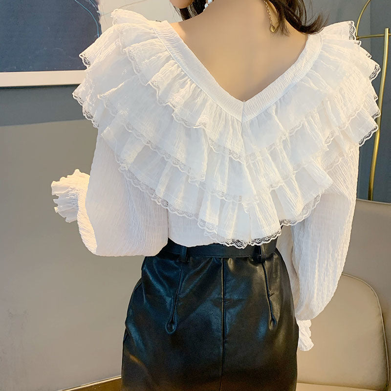 jinran Spring Fall Korean Style Blouse Fashion Sexy Beading Patchwork Lace Ruffles Women Tops Ropa Mujer Flare Sleeve Shirt New