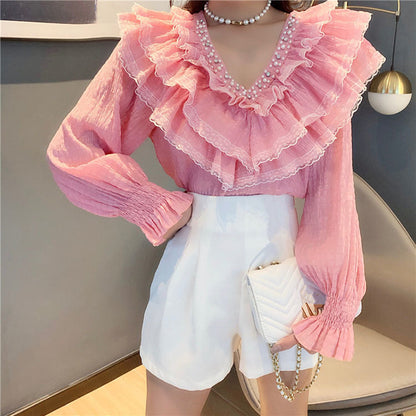 jinran Spring Fall Korean Style Blouse Fashion Sexy Beading Patchwork Lace Ruffles Women Tops Ropa Mujer Flare Sleeve Shirt New