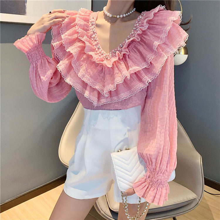 jinran Spring Fall Korean Style Blouse Fashion Sexy Beading Patchwork Lace Ruffles Women Tops Ropa Mujer Flare Sleeve Shirt New