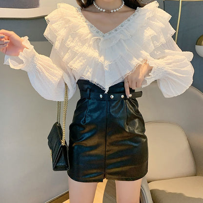 jinran Spring Fall Korean Style Blouse Fashion Sexy Beading Patchwork Lace Ruffles Women Tops Ropa Mujer Flare Sleeve Shirt New