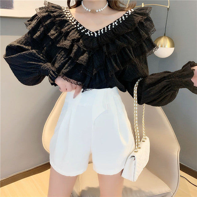 jinran Spring Fall Korean Style Blouse Fashion Sexy Beading Patchwork Lace Ruffles Women Tops Ropa Mujer Flare Sleeve Shirt New