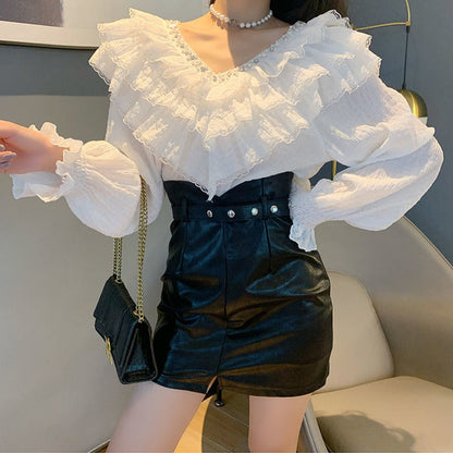 jinran Spring Fall Korean Style Blouse Fashion Sexy Beading Patchwork Lace Ruffles Women Tops Ropa Mujer Flare Sleeve Shirt New