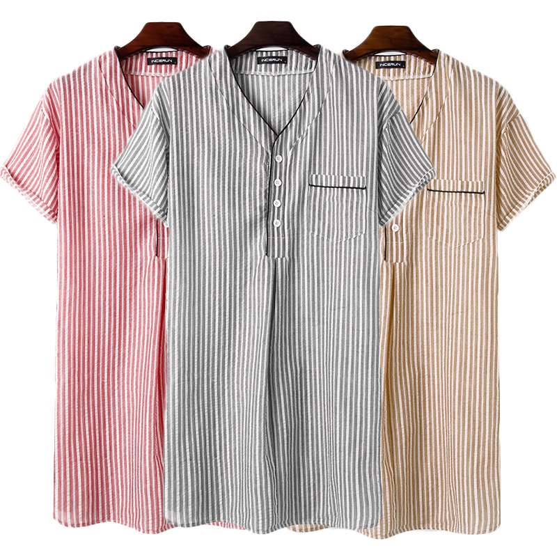 jinran Leisure Striped Homewear Men Cotton Sleepwear Summer Short Sleeve V Neck Nightgown Breathable Comfy Nightwear Plus Size