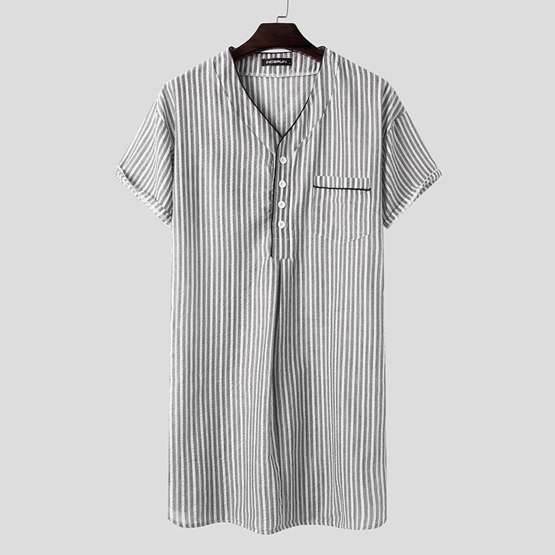 jinran Leisure Striped Homewear Men Cotton Sleepwear Summer Short Sleeve V Neck Nightgown Breathable Comfy Nightwear Plus Size