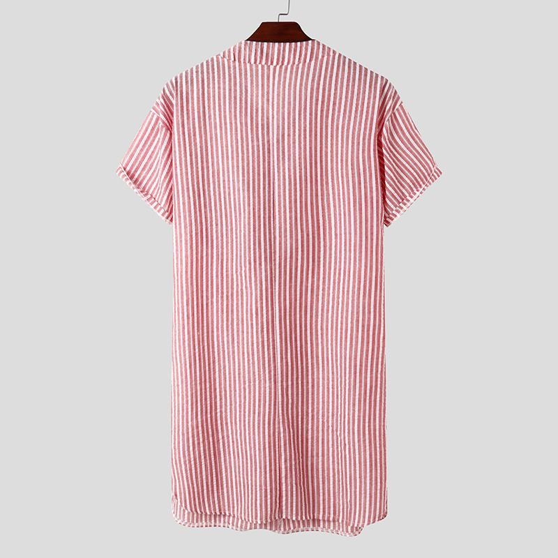 jinran Leisure Striped Homewear Men Cotton Sleepwear Summer Short Sleeve V Neck Nightgown Breathable Comfy Nightwear Plus Size