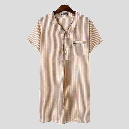 jinran Leisure Striped Homewear Men Cotton Sleepwear Summer Short Sleeve V Neck Nightgown Breathable Comfy Nightwear Plus Size