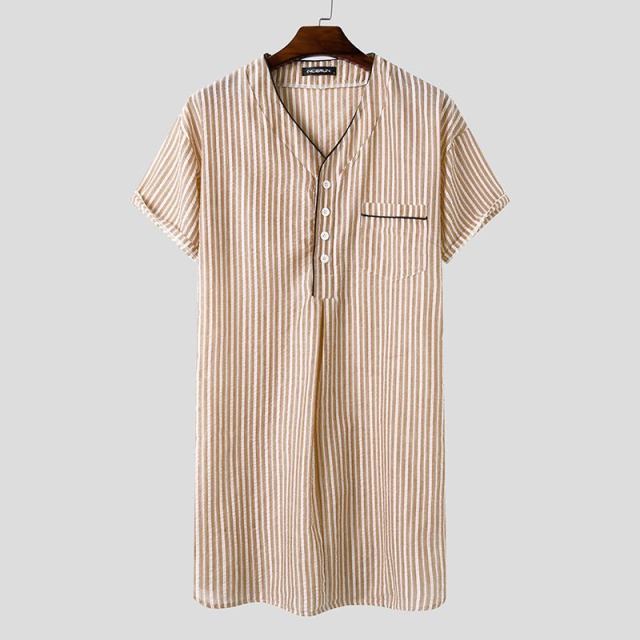 jinran Leisure Striped Homewear Men Cotton Sleepwear Summer Short Sleeve V Neck Nightgown Breathable Comfy Nightwear Plus Size