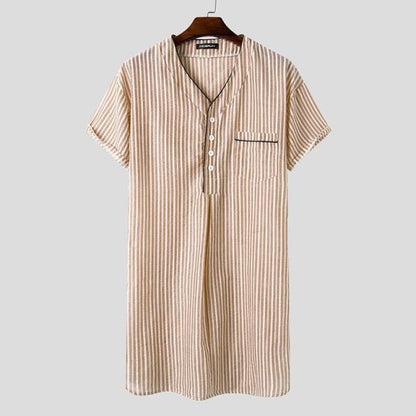 jinran Leisure Striped Homewear Men Cotton Sleepwear Summer Short Sleeve V Neck Nightgown Breathable Comfy Nightwear Plus Size