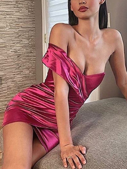 jinran Women One Shoulder Strapless Party Dress Solid Stretch Sheath Elegant Celebrity Outfit Club Wear Satin Dress