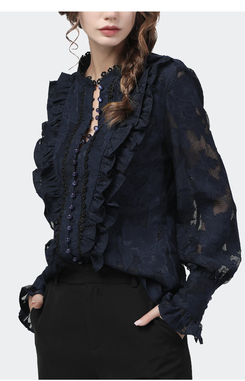 jinran Flared Sleeve Lace Tops Women Autumn New Fashion Long Sleeved Ruffles Mesh Shirts Loose Plus Size Female Causal Office Blouses