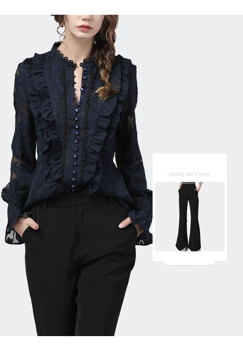 jinran Flared Sleeve Lace Tops Women Autumn New Fashion Long Sleeved Ruffles Mesh Shirts Loose Plus Size Female Causal Office Blouses