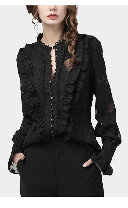 jinran Flared Sleeve Lace Tops Women Autumn New Fashion Long Sleeved Ruffles Mesh Shirts Loose Plus Size Female Causal Office Blouses