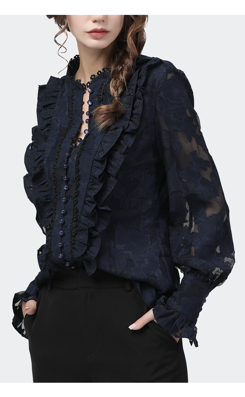 jinran Flared Sleeve Lace Tops Women Autumn New Fashion Long Sleeved Ruffles Mesh Shirts Loose Plus Size Female Causal Office Blouses