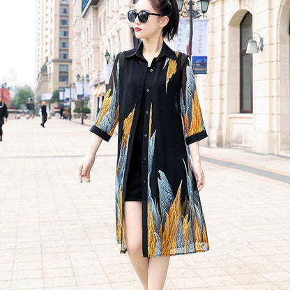 jinran Summer Sun Protection Women Long Blouses Super Thin Floral Chiffon Cardigan Half Sleeve Loose Flower Print Blouse Shirts 9122 50