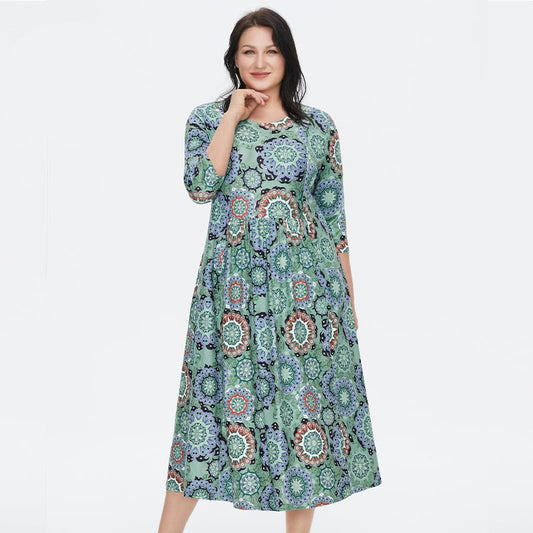 jinran Women&#39;s Summer Dress 2022 for Women Loose Boho Casual Plus size Beach Flower Print silk Long Green Dresses With necklace