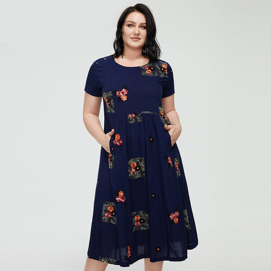 jinran Women&#39;s Summer Dress 2022 for Women Boho Casual Elegant Vintage Dress Linen Plus size Embroidery Flower Long with Pocket
