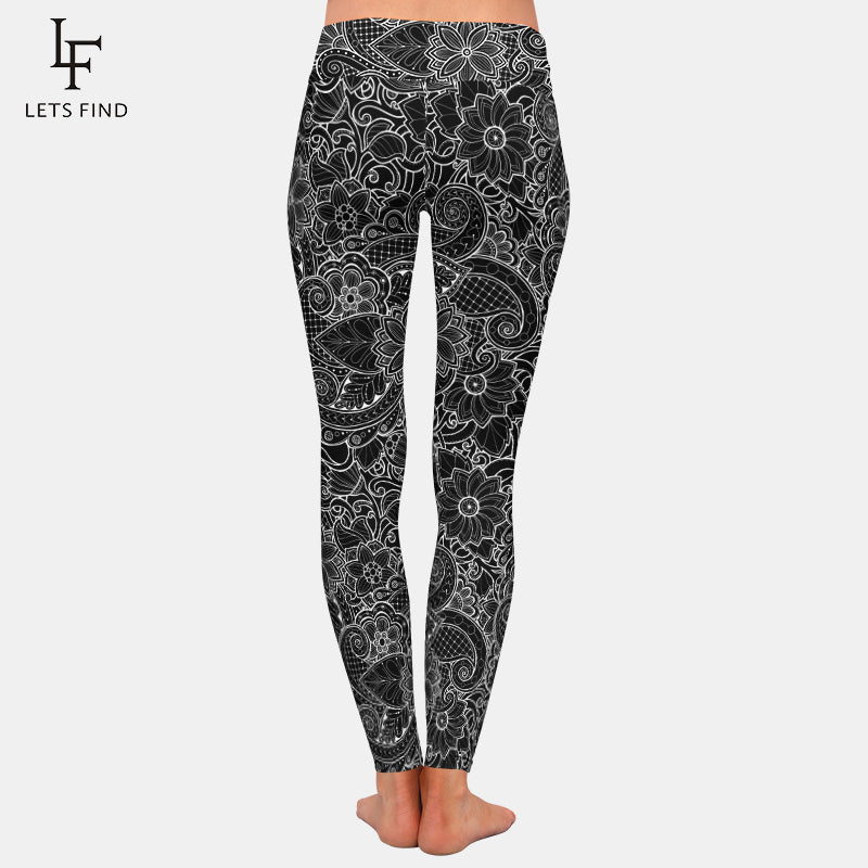 jinran 2022 New Fashion Women High Waist  Plus Size Black Leggings 3D  Printing Flowers Pattern Milk Silk Leggings Hot Sale