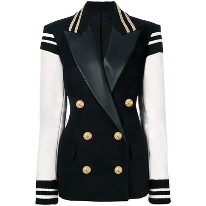 jinran New Fashion 2022 Stylish Blazer Varsity Jacket Women&#39;s Leather Sleeve Patchwork Lion Buttons Blazer