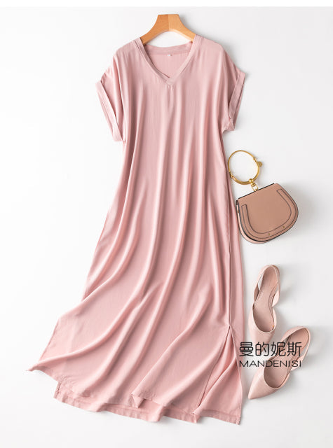 jinran Women&#39;s 100% Mulberry Silk Crepe Silk V neck Short Sleeve Side Slit Long Dress L XL M112