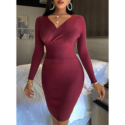 jinran Women&#39;s Autumn Elegant Fashion Dresses Sexy Long Sleeve Bottoming Pullover Shirt Threaded Solid Color Deep V-neck Bag Hip Dress