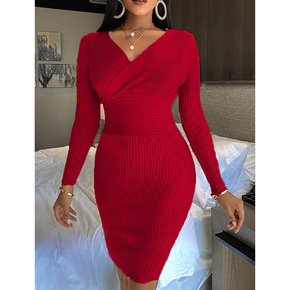 jinran Women&#39;s Autumn Elegant Fashion Dresses Sexy Long Sleeve Bottoming Pullover Shirt Threaded Solid Color Deep V-neck Bag Hip Dress