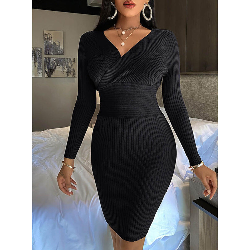 jinran Women&#39;s Autumn Elegant Fashion Dresses Sexy Long Sleeve Bottoming Pullover Shirt Threaded Solid Color Deep V-neck Bag Hip Dress