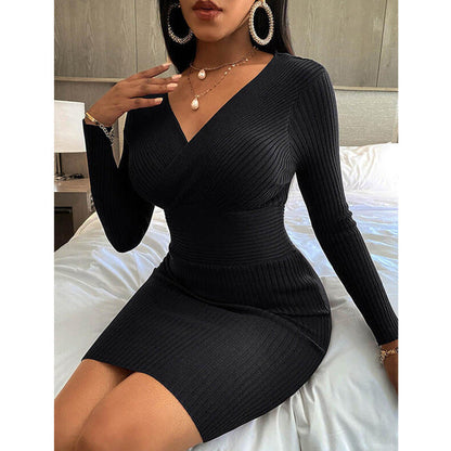 jinran Women&#39;s Autumn Elegant Fashion Dresses Sexy Long Sleeve Bottoming Pullover Shirt Threaded Solid Color Deep V-neck Bag Hip Dress