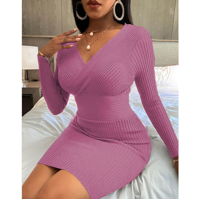 jinran Women&#39;s Autumn Elegant Fashion Dresses Sexy Long Sleeve Bottoming Pullover Shirt Threaded Solid Color Deep V-neck Bag Hip Dress