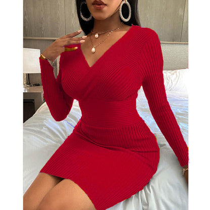 jinran Women&#39;s Autumn Elegant Fashion Dresses Sexy Long Sleeve Bottoming Pullover Shirt Threaded Solid Color Deep V-neck Bag Hip Dress