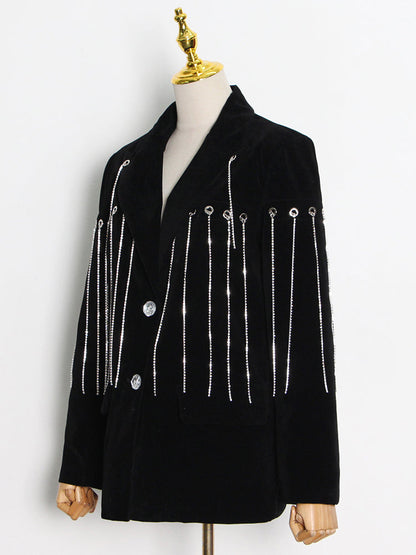 jinran Black Casual Patchwork Diamonds Tassel Female Blazer Notched Long Sleeve Korean Fashion Loose Women&#39;s Jacket 2022 Autumn New