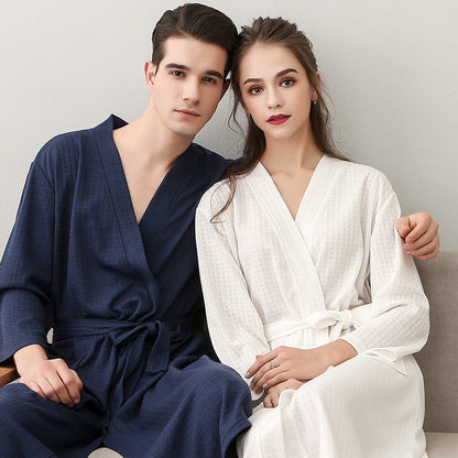 jinran Spring and Summer Couple Nightgown One Piece Solid Color Waffle Cardigan Three-Quarter Sleeve Robe