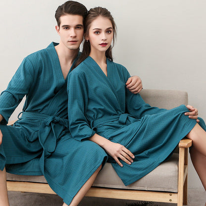 jinran Spring and Summer Couple Nightgown One Piece Solid Color Waffle Cardigan Three-Quarter Sleeve Robe