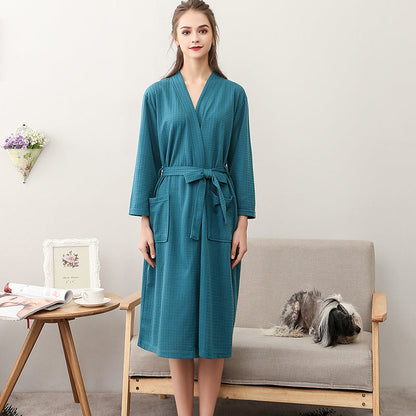 jinran Spring and Summer Couple Nightgown One Piece Solid Color Waffle Cardigan Three-Quarter Sleeve Robe