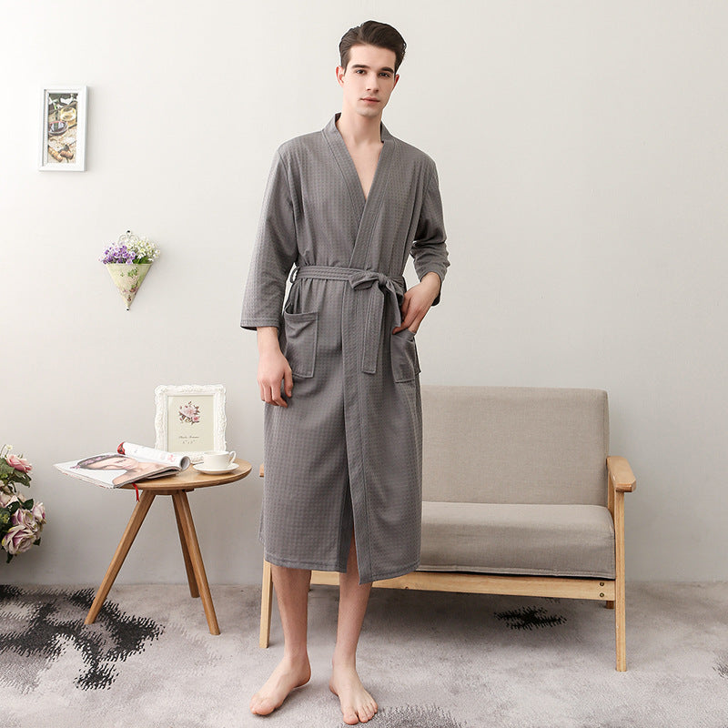 jinran Spring and Summer Couple Nightgown One Piece Solid Color Waffle Cardigan Three-Quarter Sleeve Robe