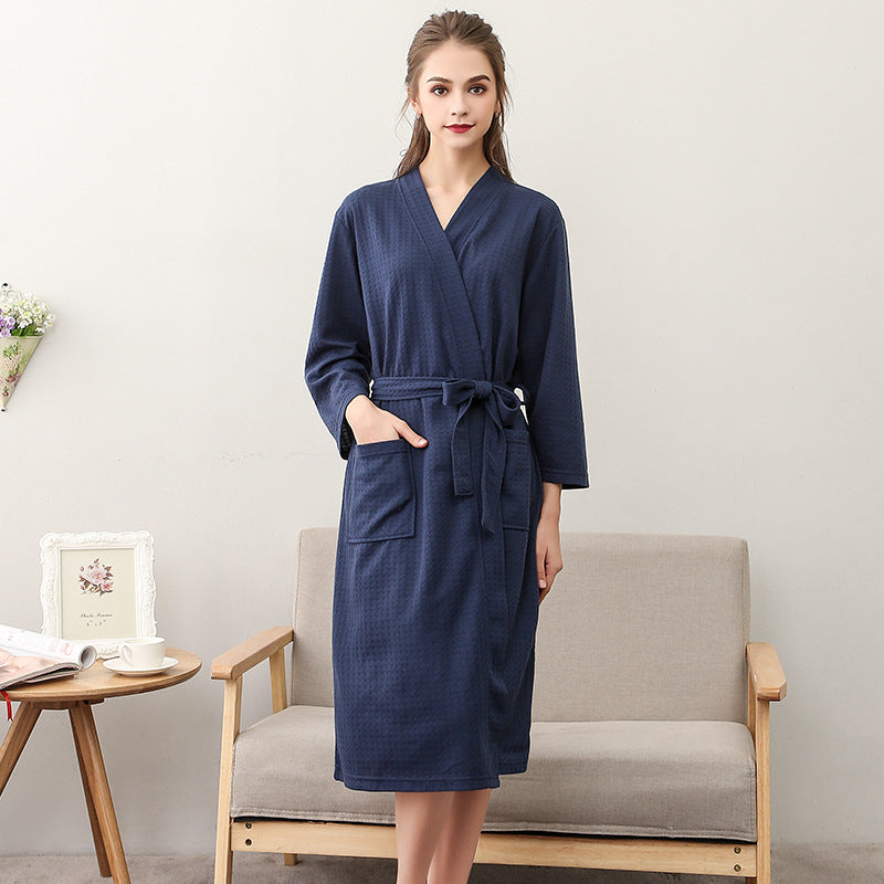 jinran Spring and Summer Couple Nightgown One Piece Solid Color Waffle Cardigan Three-Quarter Sleeve Robe