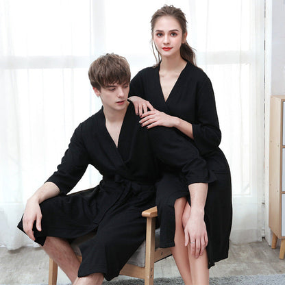 jinran Spring and Summer Couple Nightgown One Piece Solid Color Waffle Cardigan Three-Quarter Sleeve Robe