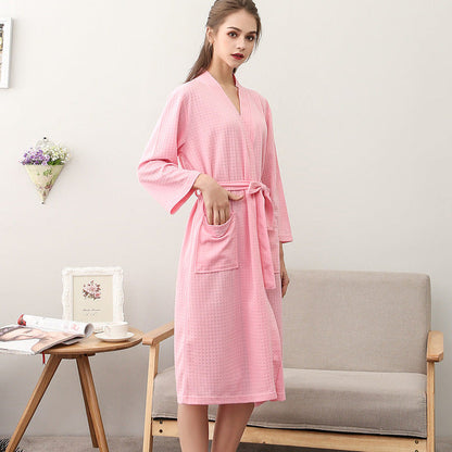 jinran Spring and Summer Couple Nightgown One Piece Solid Color Waffle Cardigan Three-Quarter Sleeve Robe