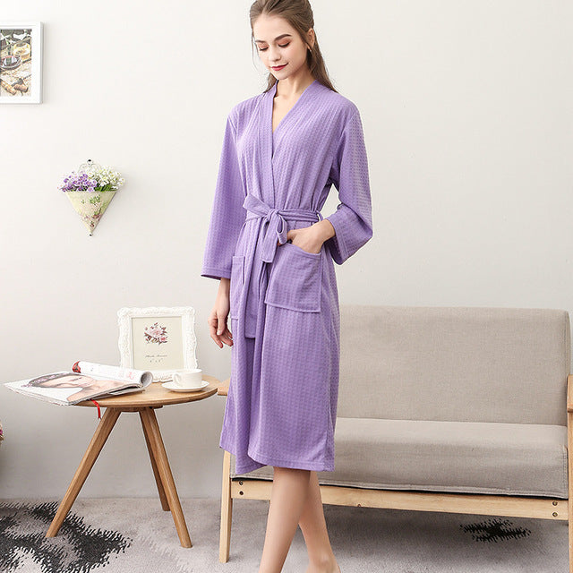 jinran Spring and Summer Couple Nightgown One Piece Solid Color Waffle Cardigan Three-Quarter Sleeve Robe