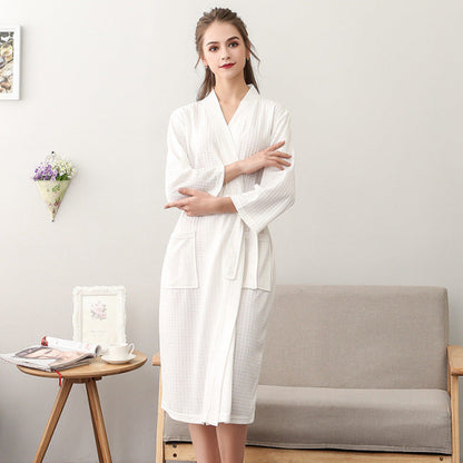 jinran Spring and Summer Couple Nightgown One Piece Solid Color Waffle Cardigan Three-Quarter Sleeve Robe