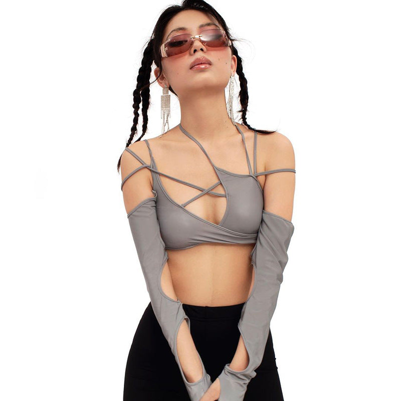 jinran T Shirt Women Y2k Punk Women&#39;s Halter Tops Gothic Grey Girl Patchwork Long Sleeve Crop Tops Summer Sexy Cut Out Solid T-shirts