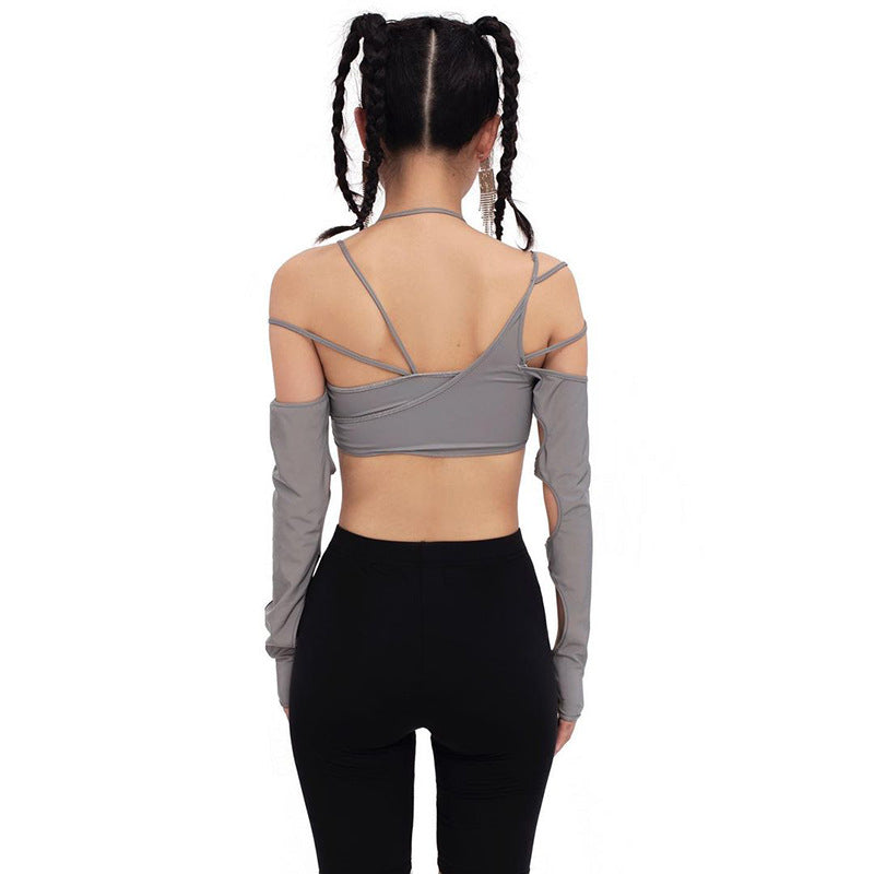 jinran T Shirt Women Y2k Punk Women&#39;s Halter Tops Gothic Grey Girl Patchwork Long Sleeve Crop Tops Summer Sexy Cut Out Solid T-shirts